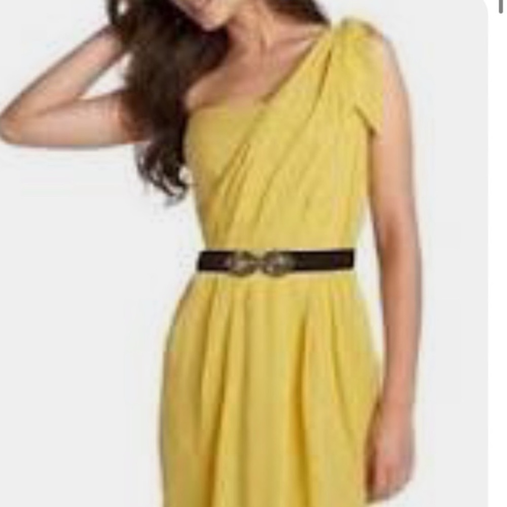 Yellow one shoulder BCBG cocktail dress.